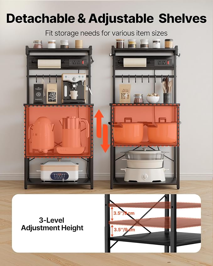 VEVOR Kitchen Bakers Rack with Power Outlets, 23.6 x 15.7 x 55.1 Inch Microwave Stand with Built-in Power Strip & 4.6 Ft Cord, 8 S-Shaped Hooks, for Dish Storage, Spice Jars, Coffee Bar Organization - Image 6
