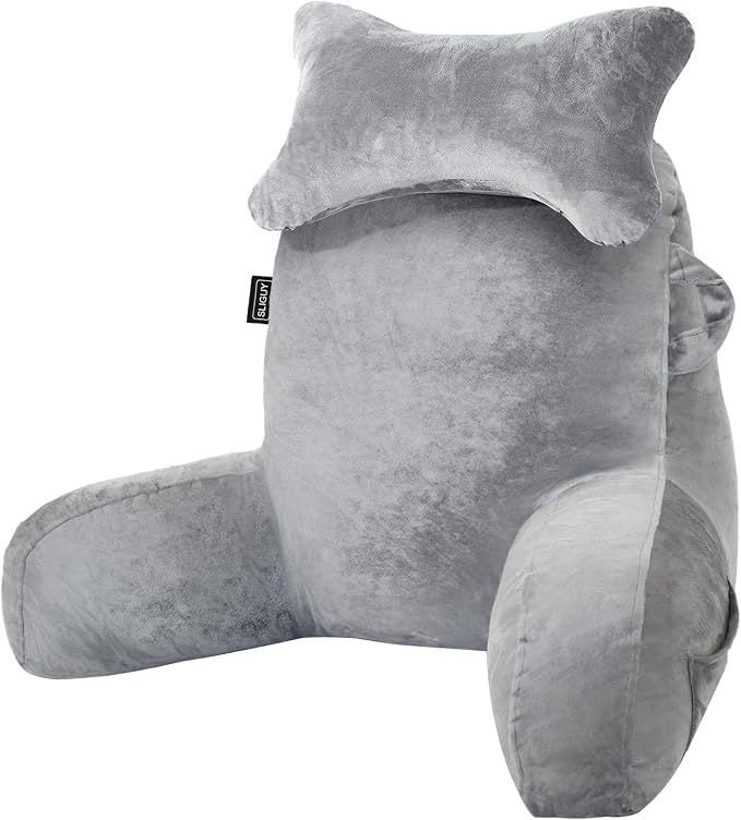 SLIGUY Reading Pillow for Sitting in Bed Couch Adult, Back Pillow with arm Support and Pockets, Adult Back Pillow Bed Chair for Bed Rest, Reading, Watching TV, Gaming for Boys and Girls Light Grey by SLIGUY