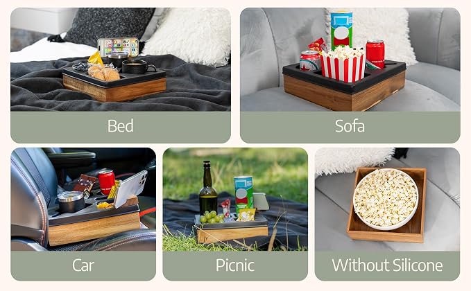 Silicone Couch Cup Holder Tray – Handy Silicone Acacia Couch Caddy with Cup Holder & Phone Stand – Waterproof Anti-Spill Snack & Bed Caddy Organizer Sofa Tray for Drinks, Snacks, & Remotes (Black) - Image 4