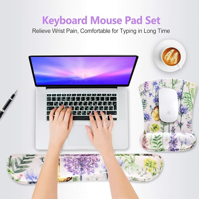 Keyboard Pad Wrist Rest Mouse Pad, ToLuLu Gel Ergonomic Mouse Pads for Computer Laptop Office, Mousepad Keyboard Wrist Support Memory Foam for Easy Typing & Pain Relief, Purple Floral Yellow Butterfly - Image 2