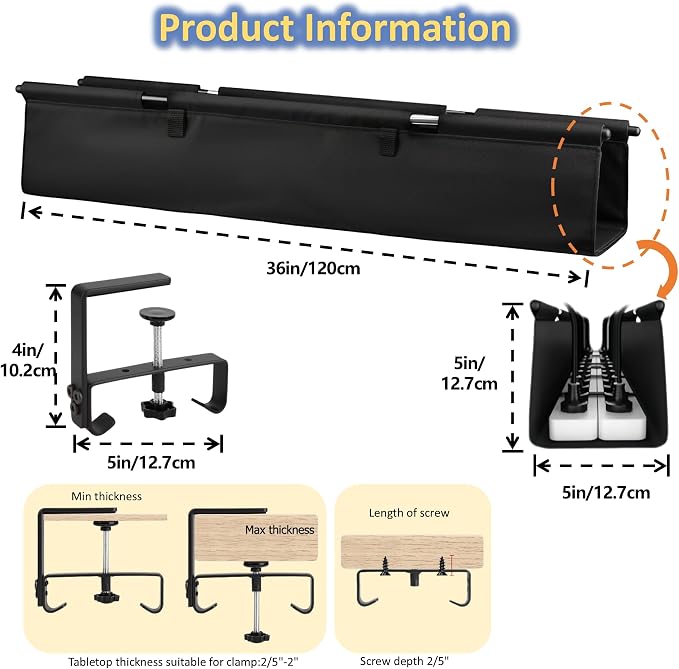 36" Under Desk Cable Management Tray - No Drill Oxford Cloth Cord Organizer with Clamp & Screw Mount - Large Capacity Fabric Cable Holder for Home Office, Gaming Desk & Standing Desk (Black) - Image 3