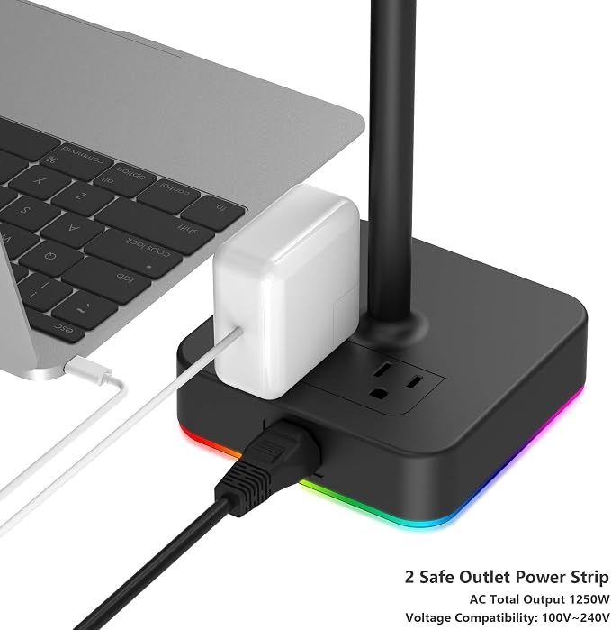 KAFRI RGB Headphone Stand with USB A&C Charger Desk Gaming Headset Holder Hanger Rack with 3 USB Charging Port and 2 Outlet - Suitable for Gamer Desktop Table Game Earphone Accessories Boyfriend Gifts - Image 4