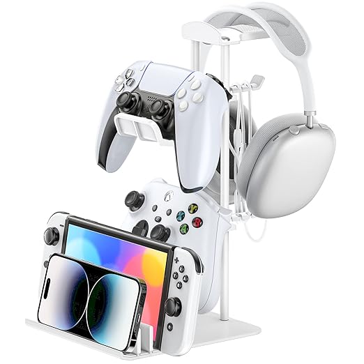 KDD Headphone Stand, Controller Holder & Headset Holder for Desk, Earphone Stand with Aluminum Supporting Bar, Universal Storage Organizer Headphones/Controller/Switch/Mobile Phone(White) by KDD