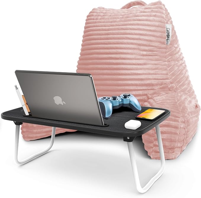 Nestl Peach Beige Reading Pillow with Bed Desk for Laptop and Writing, Luxe Cut Plush Back Pillow for Sitting Up, Back and Arms Adjustable Support for Adult and Teens, Foldable Lap Desk for Bed 22x14” by Nestl