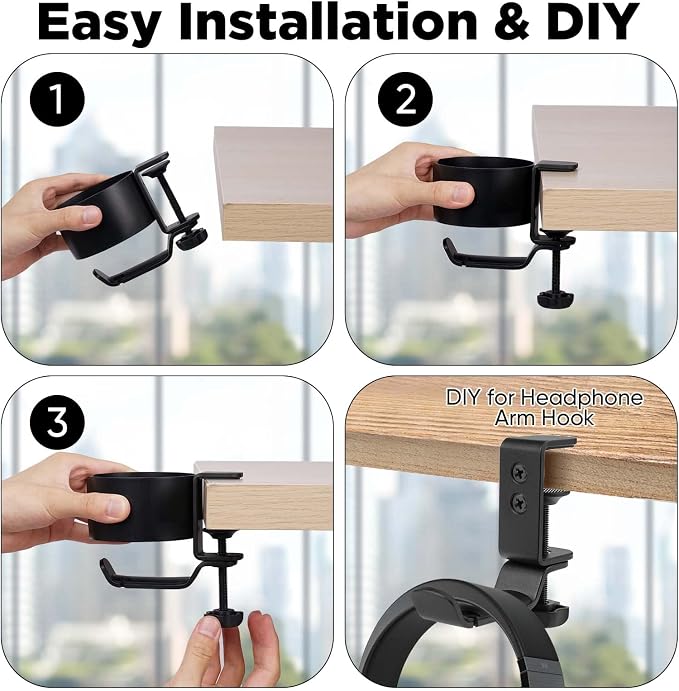 OOKUU 2 in 1 Desk Cup Holder with Headphone Hanger, Anti-Spill Cup Holder for Desk or Table, Easy to Install, Sturdy and Durable, Enough to Hold Coffee Mups, Water Bottles, Headphones - Image 5