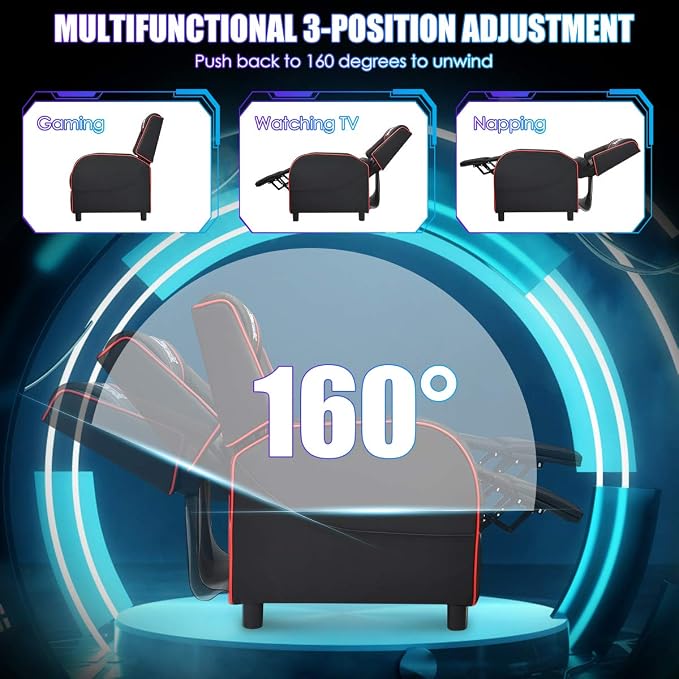 Giantex Gaming Recliner Chair, Adjustable Massage Gaming Chairs for Adults, Ergonomic Comfortable Lounge Leather Sofa w/Footrest, Remote Control & Side Pocket, Racing Style Single Sofa Recliners, Red - Image 4