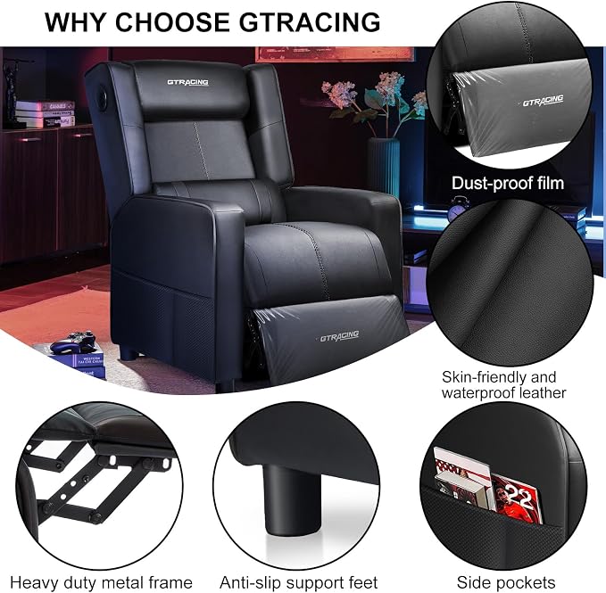 GTRACING Gaming Recliner Chair with Bluetooth Speakers Racing Style Single Gaming Sofa Modern Living Room Recliners Ergonomic Comfortable Massage Home Theater Seating, Black - Image 6