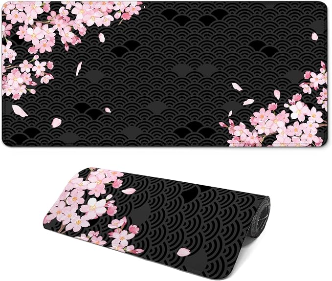 Gaming Mouse Pad with Anti-Slip Rubber Base, Extended Large Computer Mouse Mat with Stitched Edges, Long XL Anime Mousepad for Laptop and Keyboard, 31.5 x 11.8 inch (Black Cherry Blssom) by Unknown