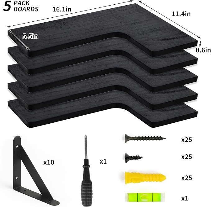 Fixwal Conner Shelves Wall Mounted for Decor, Black Set of 5 - Image 4