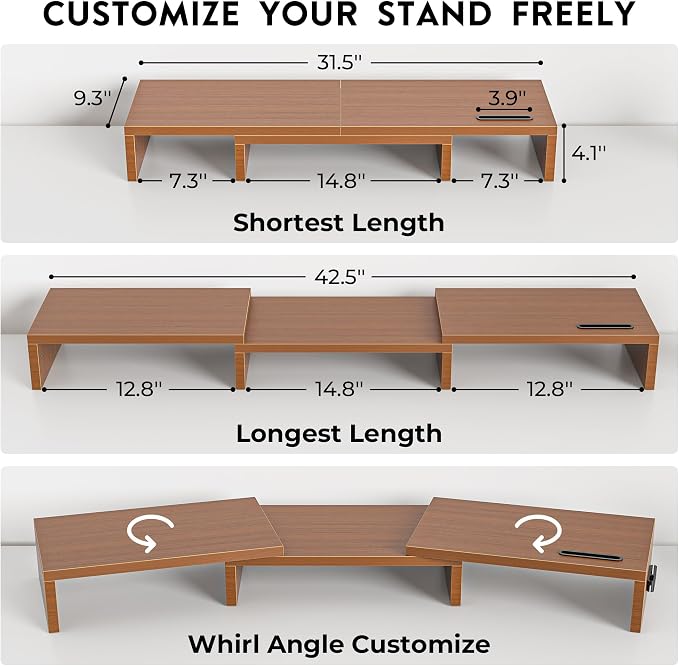 BONTEC Dual Monitor Stand Riser, Adjustable Length & Swivel Angle, Walnut | Ergonomic Wooden Desktop Organizer with Smartphone Holder, Computer Monitor Stand for PC, Laptop,Printer and Large Storage - Image 3