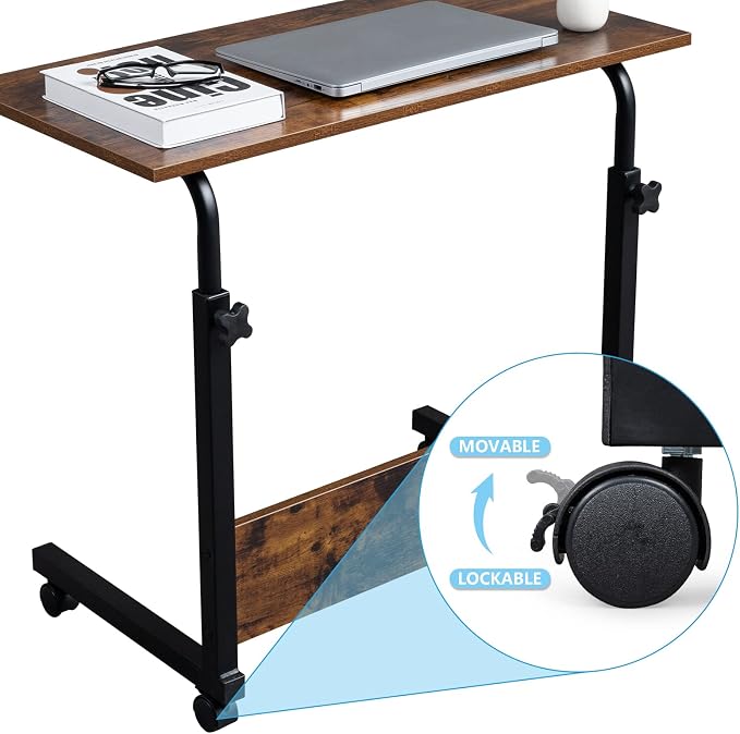 Karl home Mobile Side Table 31.5 inch Computer Desk with Wheels, Rustic Brown - Image 5