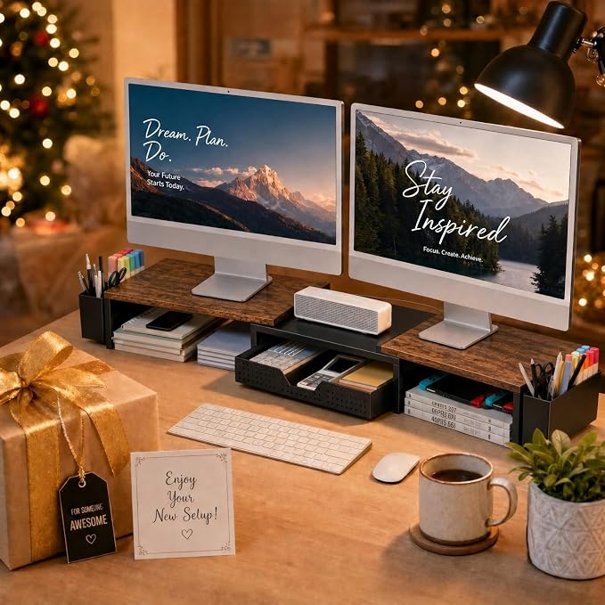 OPNICE Desk Organizers and Accessories, Dual Monitor Stand Riser with Drawer and 2 Pen Holders, Desk Shelf Computer Racks for Office Workspace Organizers, Desktop Organization (Rustic Brown) - Image 9