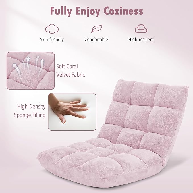 GIANTEX Floor Chairs for Adults, Floor Gaming Chair (Light Pink) | Coral Velvet, 14 Adjustable Position, Thick Sponge Padding, Floor Seating Lounge for Reading, Watching TV, Meditation - Image 5