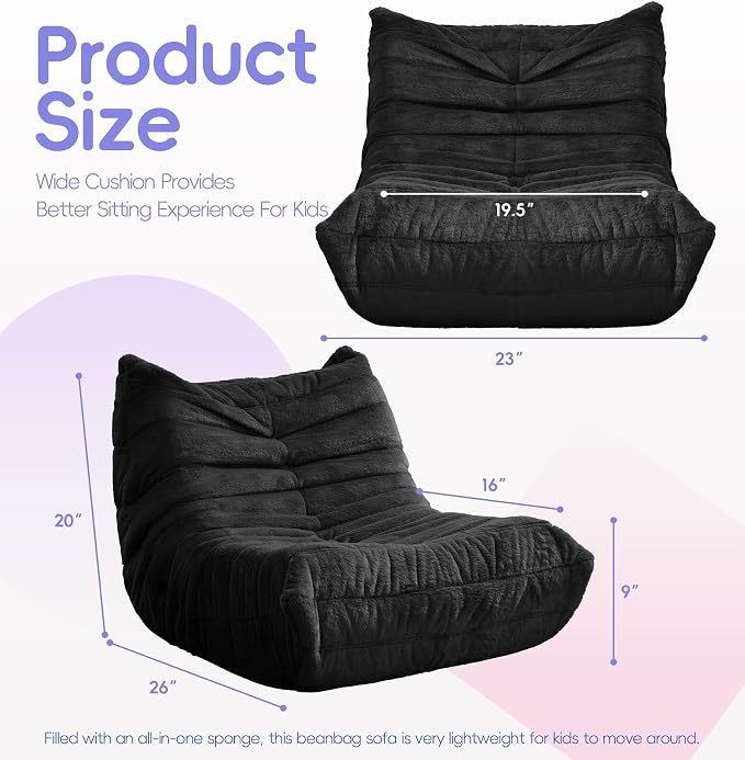 Hobestluk Small Bean Bag Chair Fireside Floor Chair BeanBag Couch Togo Sofa | Ergonomic Design,Memory Foam,No Assembly,Faux Fur Comfy Lounger with Back Support for Gaming Classroom | Black Plush Small - Image 2