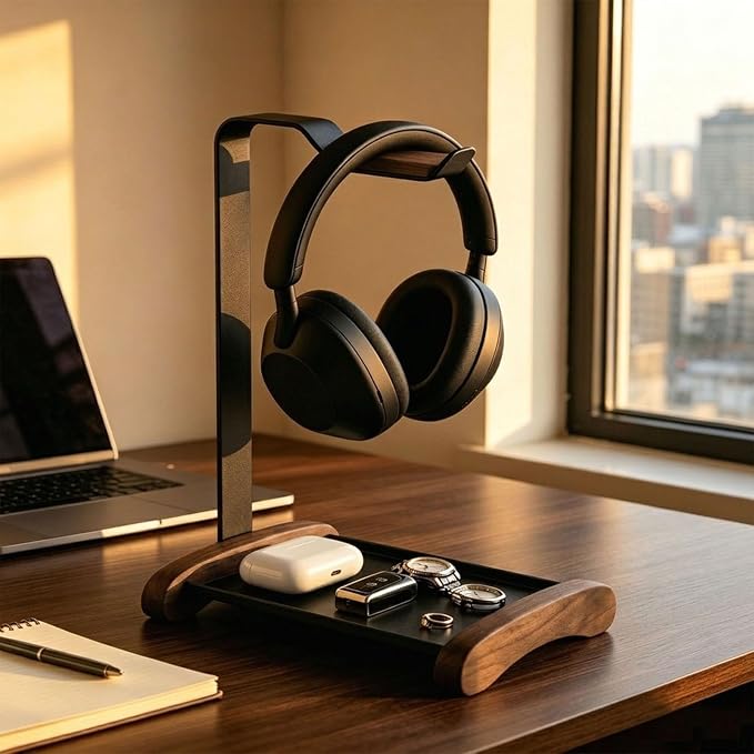 Headphone Stand for Desk with Storage Tray, Walnut Wood Headset Holder and Desktop Organizer for Headphones, Keys, Watches & Accessories, Home Office and Gaming Setup - Image 7
