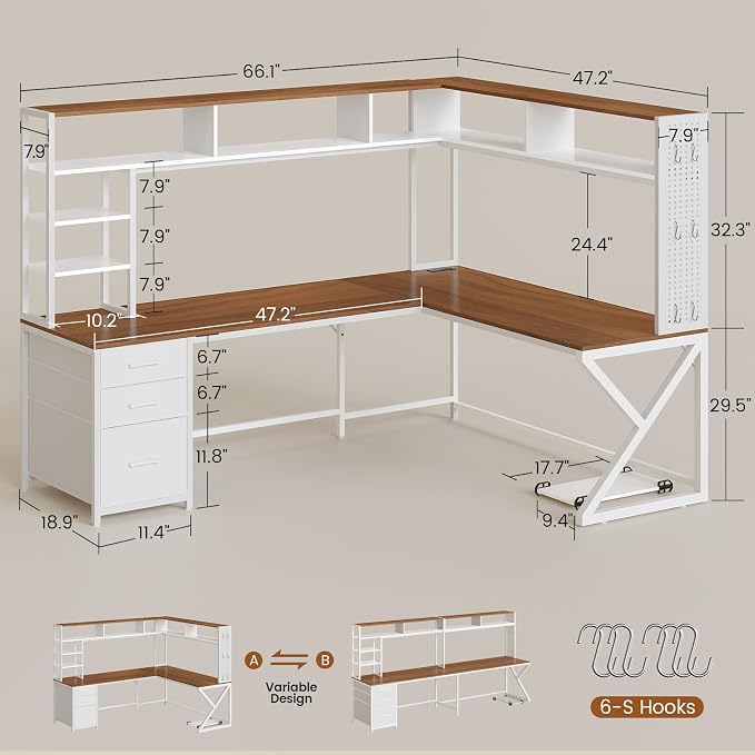 SEDETA L Shaped Gaming Desk with Storage Drawers and Hutch, Convertible 94.5" Computer Desk with Drawers, Corner Computer Desk with Power Outlet, LED Lights, Pegboard for Home Office, White and Brown - Image 2