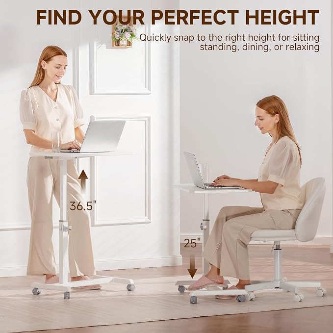 GTPLAYER Small Standing Desk, 24 Inches Foldable Mobile Rolling Laptop PC Table with Lockable Casters, Adjustable Height Overbed Bedside Table Computer Workstation for Home Office, White-Foldable - Image 4
