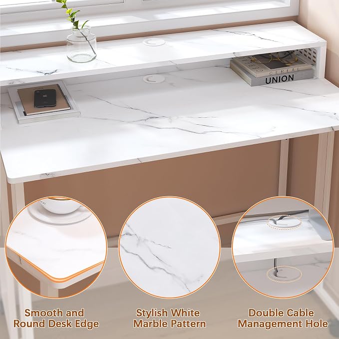 39.4" Folding Desk with Storage Shelf, Small Rolling Desk,White Marble - Image 9