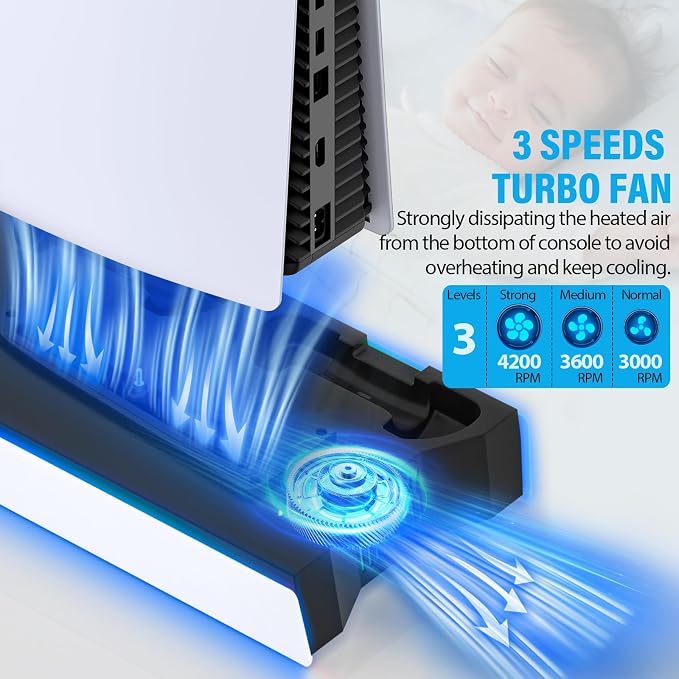 PS5 / PS5 Slim Cooling Station Stand LED with Dual Controller Charging Station for PlayStation 5 Console, PS 5 Accessories Incl. Controller Charger, Cooling Fan, Headset Holder, 3 USB Hub-White&Black - Image 3