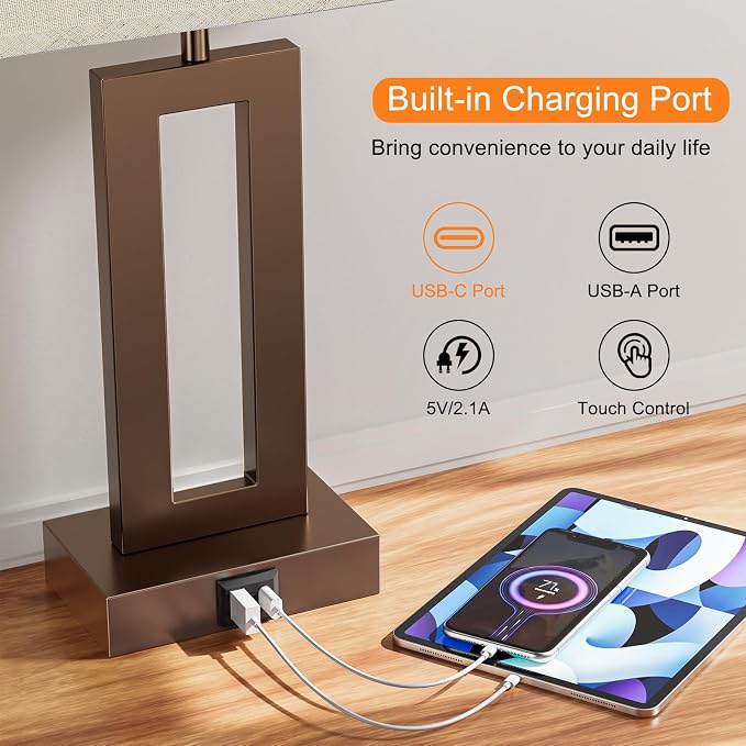 Seealle Bedroom Lamps for Night Stands - Touch Control, 3 Way Dimmable, USB C+A Charging, LED Bulbs, Easy Assembly(Yellow&Brown) - Image 3