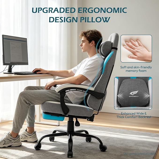Ergonomic Gaming Chair for Adults - Comfortable Office Computer Chair with 20.5” Wide Seat, Adjustable Video Game Chair with Footrest and Lumbar Support for Home Office, Grey Blue - Image 6