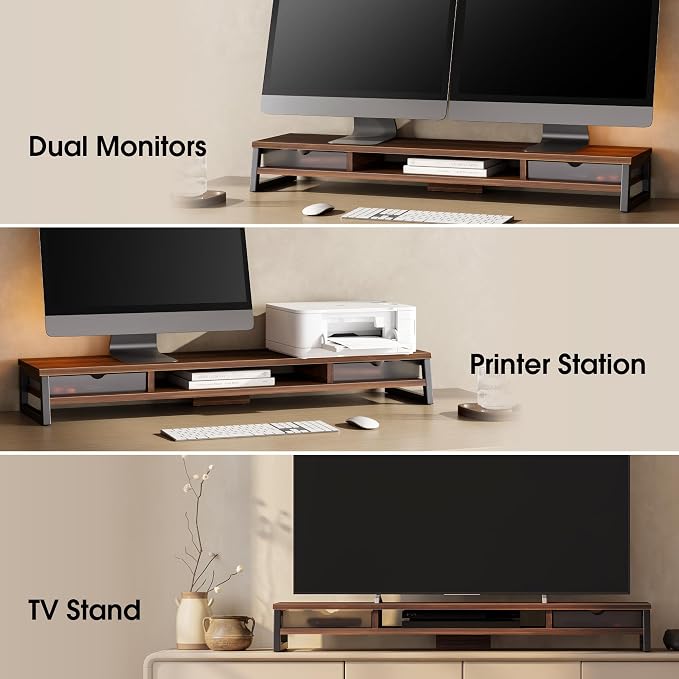 Fenge Dual Monitor Stand Riser, 42.5in Desk Shelf with 2 Drawers, Brown | 2-Tier Monitor Shelf for Desk, Storage Drawer with Stopper, Frosted, fit Home Office, Ultrawide Screen, PC, Laptop, TV - Image 8