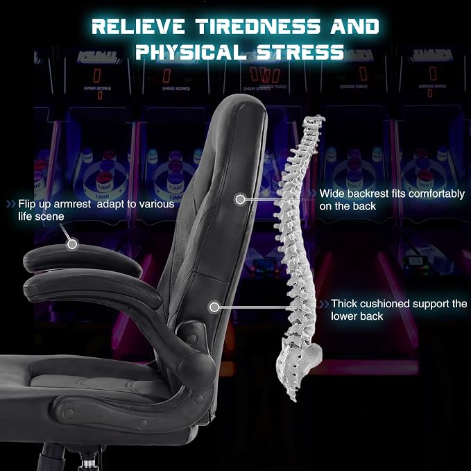 DUMOS Computer Gaming Chair, Home Office Desk Chair, PU Leather | PU Leather, Flip-up Armrest, Swivel Wheels, Lumbar Support, Video Game, Height Adjustable, Black - Image 4