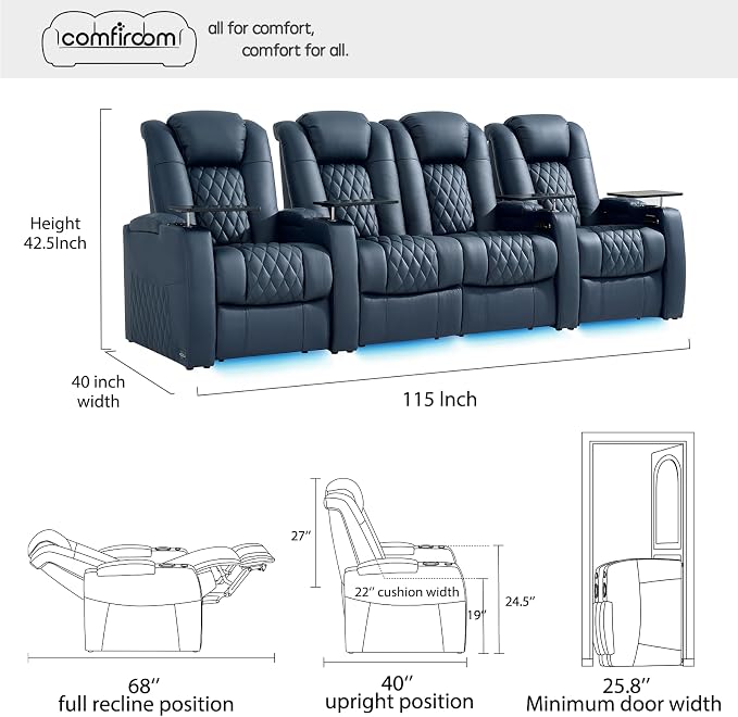 comfiroom Top-Grain Leather Home Theater Seating, Dual-Motor Power Recliner - Image 3