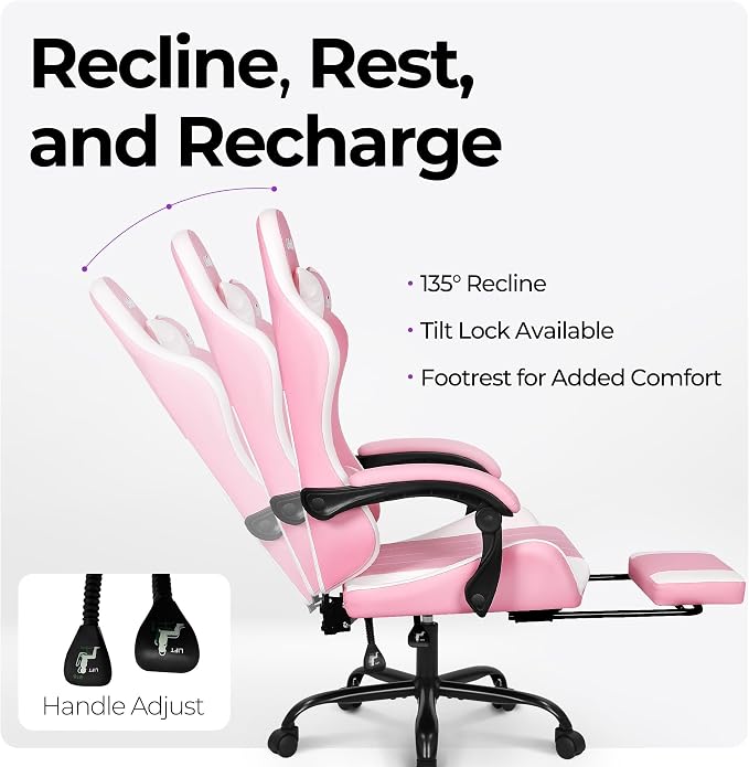 N-GEN GAMING Gaming Chair with Footrest, Lumbar, High-Back, Pink White | Reclining Backrest, Linkage Armrests, Durable PU Leather, Adjustable Comfort for Extended Computer, Desk, or Home Office Use - Image 7