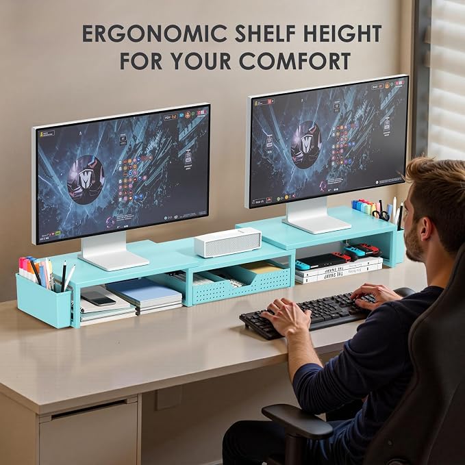 Desk Organizers and Accessories, Dual Monitor Stand Riser with Drawer and 2 Pen Holders, Desk Shelf Computer Racks for Office Workspace Organizers, Desktop Organization (Blue) - Image 2
