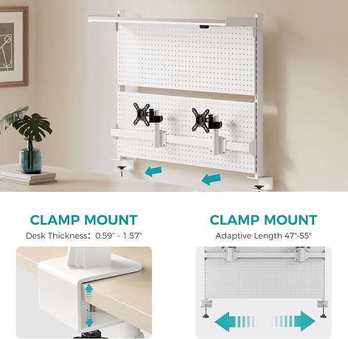 EUREKA ERGONOMIC Desk Pegboard with Dual Monitor Stands, LED Metal Pegboard for Gaming Desk, Privacy Panel with 4 Accessories Modular Hanging, Computer Accessories for Office, 43 x 34 Inch, White - Image 7