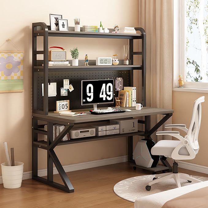 Multi-Functional Gaming Desk with Pegboard, Large Computer Desk with Storage Shelves Home Office Desk Study Writing Workstation(120x60x171cm, Gray) by Unknown