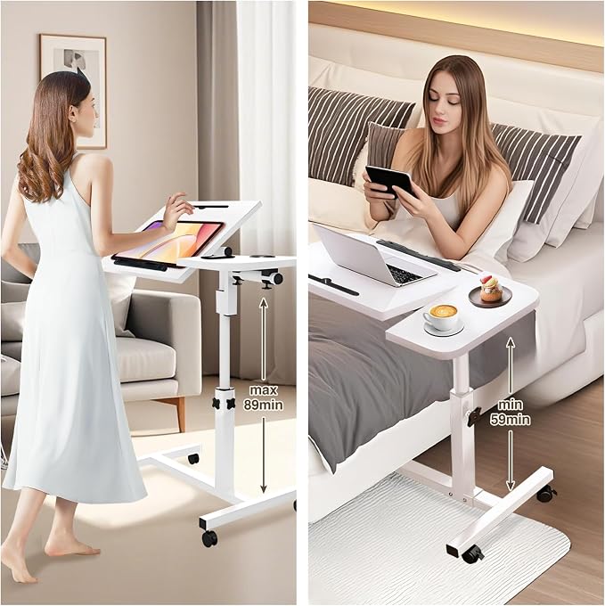 Overbed Table with Wheels Adjustable Height, Tiltable Desktop with Tray, Over Bed Table Rolling Bedside Tables, Medical Mobile Standing Desk, for Hospital Office Bedroom Sofa, White - Image 7