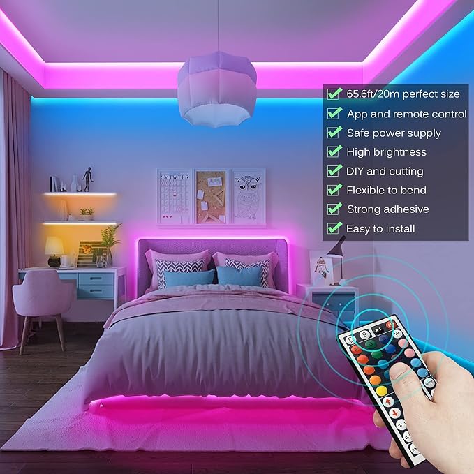 Tenmiro Led Lights for Bedroom, Music Sync LED Rope Lights APP Control with Remote, RGB Led Strip Lights for Room Kitchen Party Home Decoration (65ft) - Image 3