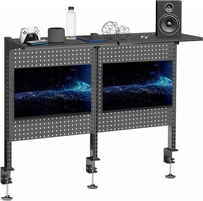 VIVO Steel Triple Clamp 47 x 31 inch Desk Pegboard System with 2 Monitor Mounts and Storage Shelf, Fits up to 32 inch Screens, Office Accessory Organizer, Black, PP-DK48SB by Unknown