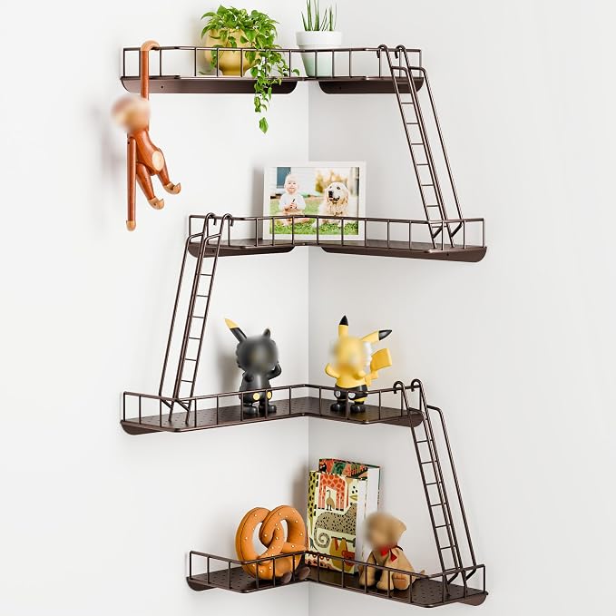 Fire Escape Wall Shelf - Modern City Style 4-Tier Corner Wall Shelves, Easy to Install Metal Ladder Shelf for Figures, New York Decorative Shelves for Bathroom, Living Room&Home Decor,Coffee by WOPITMER