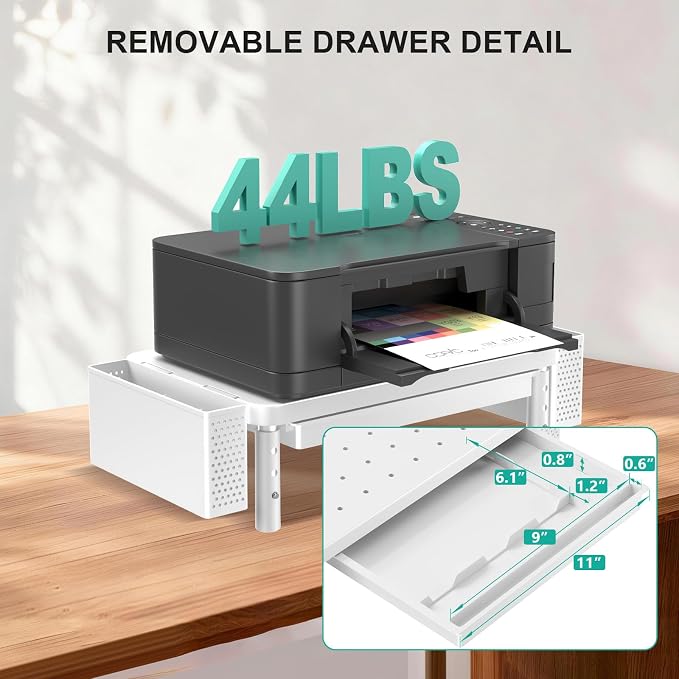 WALI Computer Monitor Stand with Storage and Pen Holder | 3 Height Adjustable Desk Organizer with Drawer, Desk Laptop Monitor Riser for Computer, Printer(PTT003-W), 1 Pack, White - Image 3