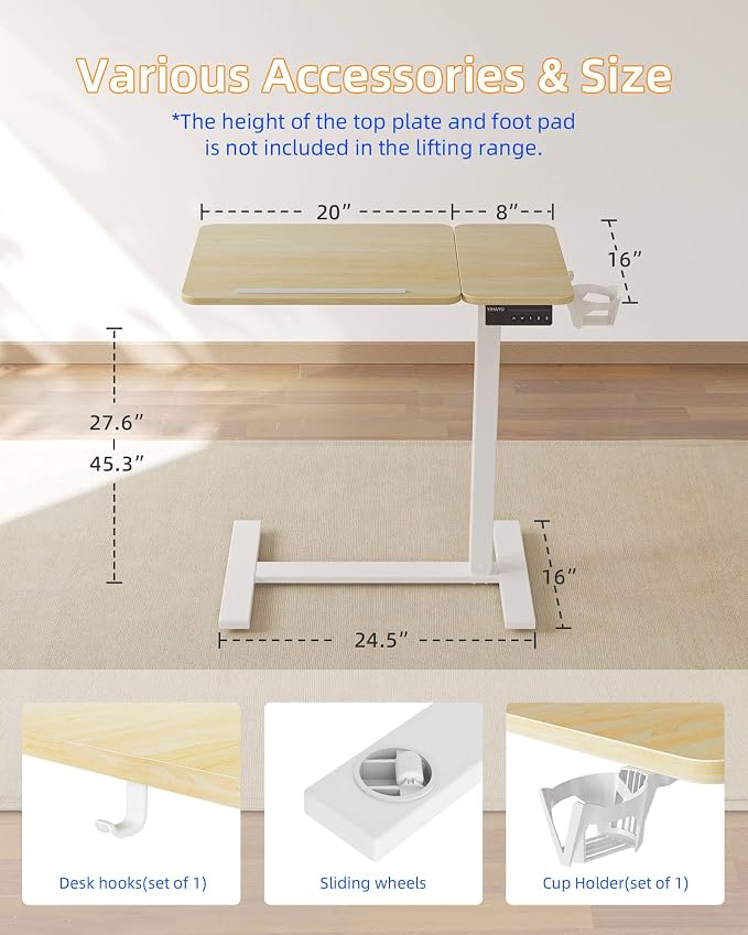 YIHAYO Adjustable Overbed Bedside Table with Wheels, 28 x 16 Inches Electric Mobile Standing Desk, Laptop Desk, Movable Overbed Tables Hospital Home Use, Natural - Image 3