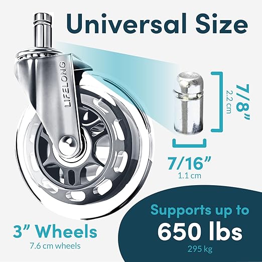 Lifelong Office Chair Wheels Replacement, Heavy Duty, Silver, 5-Pack | Original Rubber Caster, Desk Wheels, Smooth & Quiet, Safe for Hardwood Floors & Carpet, Replace Office Chair Mats, Fits 98% - Image 4