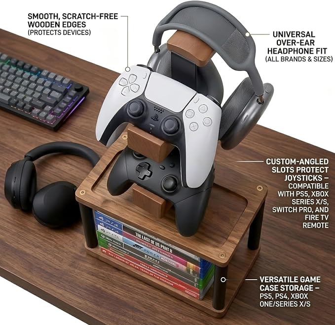 Solid Wood Controller Holder and Headphone Stand with Storage Base for Desk | Holds 1 Headset & 2 Controller - Gaming Equipment Accessories for PS5/Xbox/Switch and Headset Holder, Gamer Gift for Men - Image 2