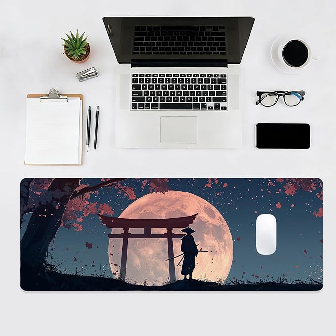 Japanese Samurai Gaming Mouse Pad, Desk Mat, Large Mousepad with Non-Slip Rubber Base XL Extended, Big Keyboard Mat Office&Home, Gamers, 31.5x11.8in, Cherry Blossom - Image 4