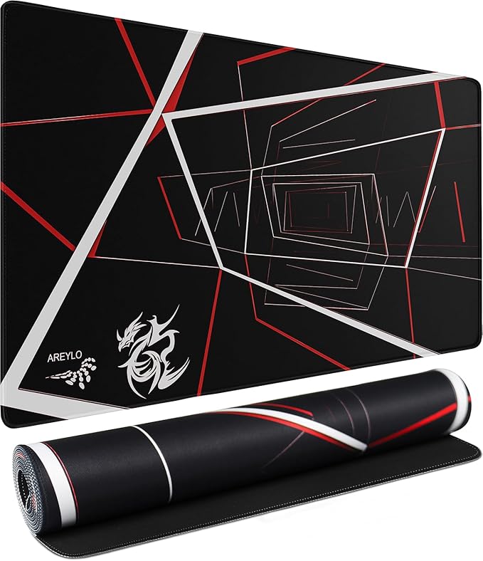 Large Gaming Mousepad, Waterproof Extra Large Mouse Pad with Stitched Edges, 31.5" x 15.7" Non-Slip Rubber Base Office Big Long Keyboard Pad for Office Gamer Home XXL, (Red Square) by AREYLO