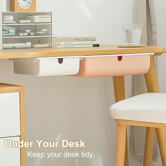 2 Pack Under Desk Drawer, Large & Medium Self-Adhesive Under Desk Organizer, Hidden Under Desk Storage Box Cosmetics Case Stick On Under Table Tray Holder for Cutlery, Office Supplies, Stationery - Image 4