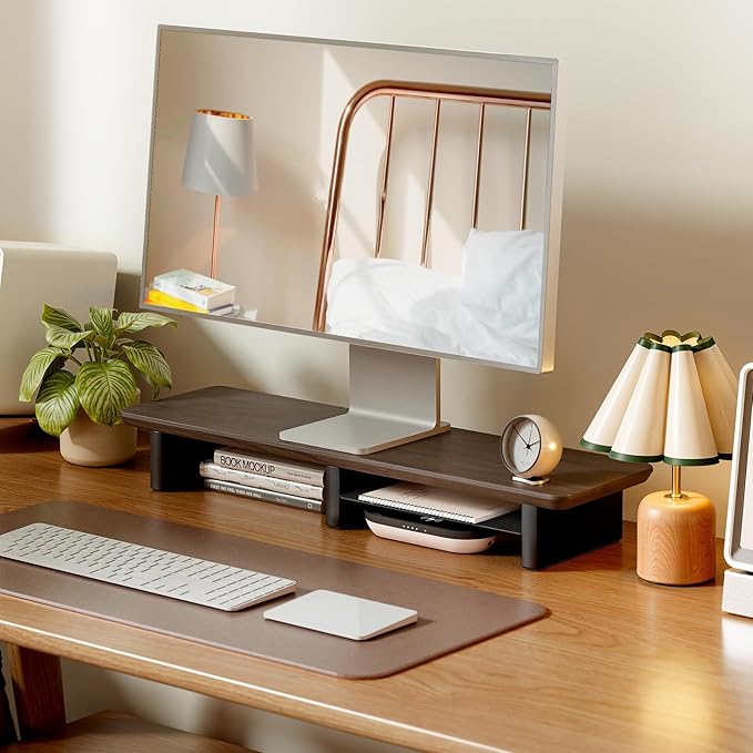 PEGZONE 31.5" Dual Monitor Riser, Metal Shelf Wooden Desk Organizer | Walnut Wooden Desk Shelf for 2 Monitors/TV,Monitor Stand Riser for Desk, Wood Monitor Stand Organizer for Home Office by Pegzone