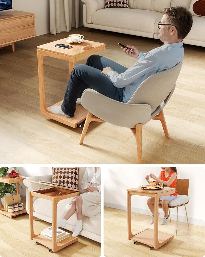 AQIMUELE Wooden C-Shaped End Table,Couch Table with Adjustable Desktop,Small Rolling Side Table with 2 Lockable Wheels,Small End Table for Couch, Living Room,Bedroom (Natural) - Image 7