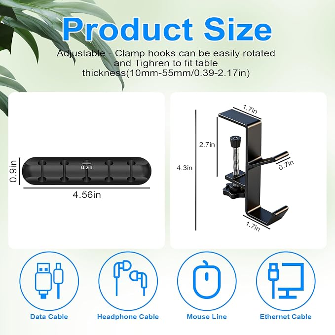 4 Pcs Under Headset Stand - Aluminum Alloy Headphone Holder for Desk | PC Gaming Headset Hanger Hook Suitable for Office,Computer, Class Desk, Handmade Creator Table, With 1 Cord Organizer, Black - Image 2