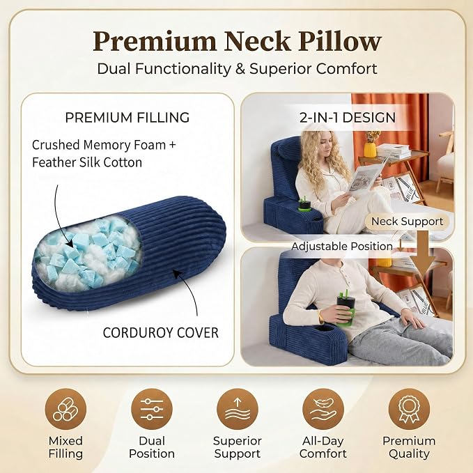 Reading Pillow for Adults, Back Pillow for Bed Sitting Up, Backrest Pillow for Sitting in Bed, Detachable Arms with Built-in Cup & Phone Caddy (Dark Navy-Corduroy, 19 INCH) - Image 4