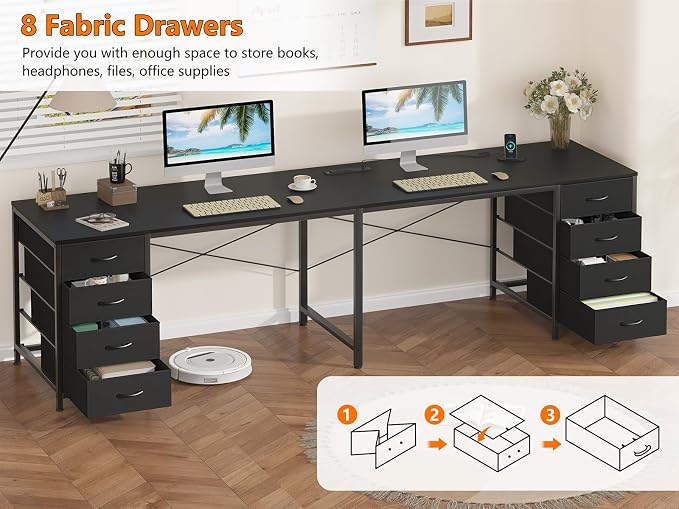 95" 2 Person Desk with 8 Fabric Drawers for Home Office, Living Room - Image 6