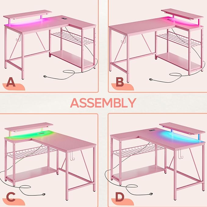 Bestier 42-Inch Pink L-Shaped Gaming Desk with Charging & LED - Image 8