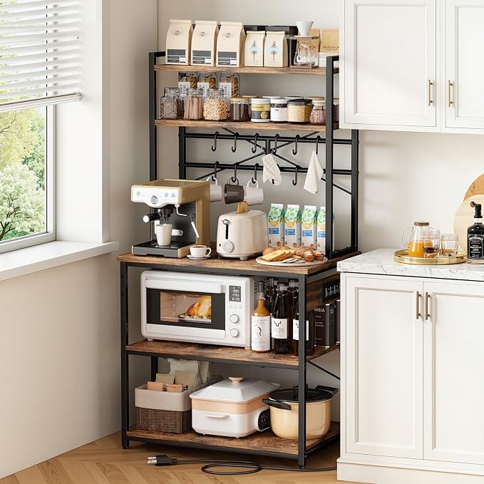 VEVOR Kitchen Bakers Rack with Power Outlets, 31.5 x 15.7 x 63.7Inch Microwave Stand with Built-in Power Strip & 5 Ft Cord, 12 S-Shaped Hooks, for Dish Storage, Spice Jars, Coffee Bar Organization - Image 8